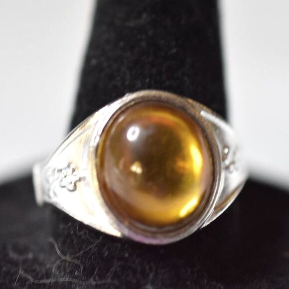 NWOT Butterscotch Orange Oval Stone Etched Silver Tone Size 9.5 Unisex Ring - Picture 1 of 4
